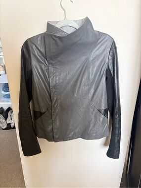 Vince Gray and Black Leather Asymmetric Zip Jacket